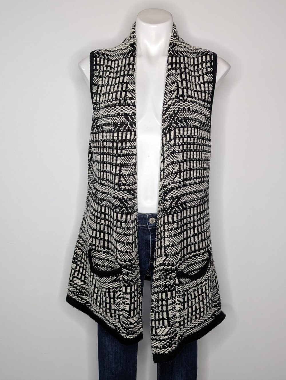 Anthro Angel Of The North Black White Woven Sleeveless Open Long Duster Cardigan